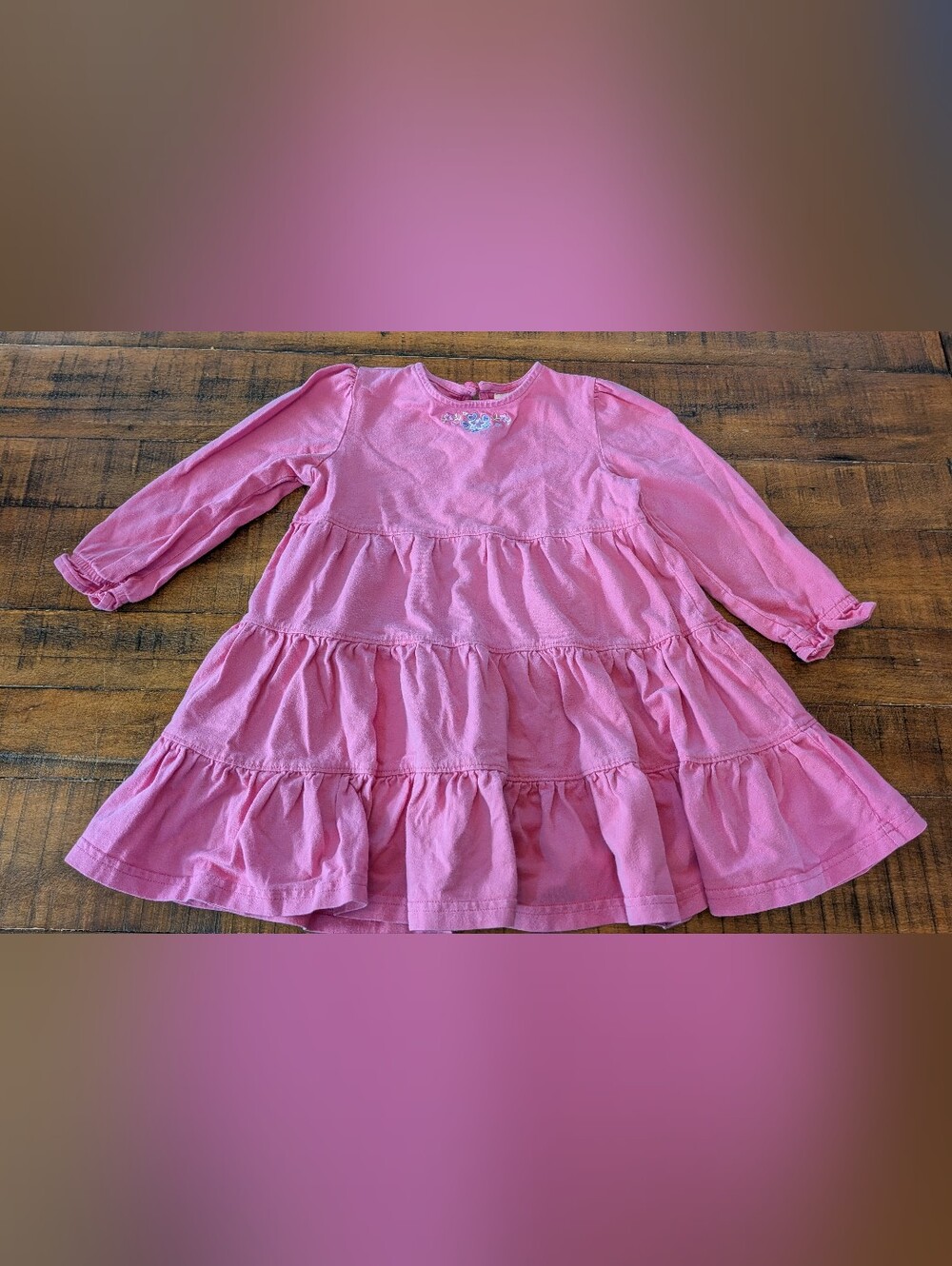 Hanna Andersson Pink Tiered Long-Sleeve Dress with Floral Embroidery, 90, 3T
